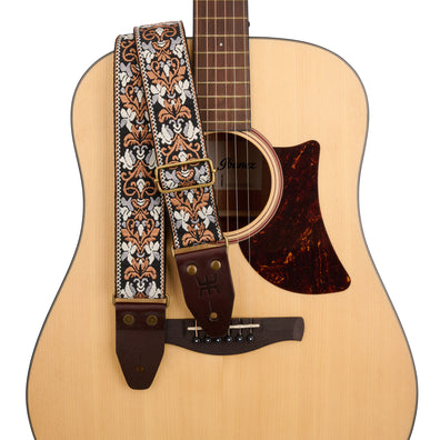 AMUMU SPH-GSB-TGBN 2" Black Brown Spades Heart Guitar Strap – Retro Embroidery, Soft Cotton Comfort, Durable Leather Ends, Antique Bronze Buckles, and Pick Pocket